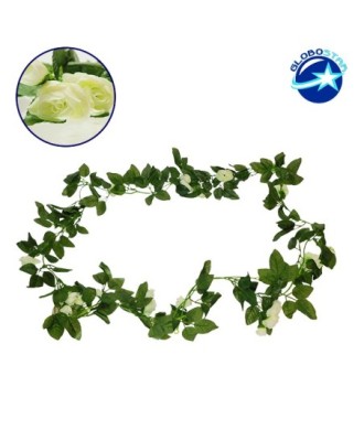 GloboStar® 09012 Τεχνητό Κρεμαστό Φυτό Διακοσμητική Γιρλάντα Μήκους 2.2 μέτρων με 32 X Μικρά Τριαντάφυλλα Λευκά